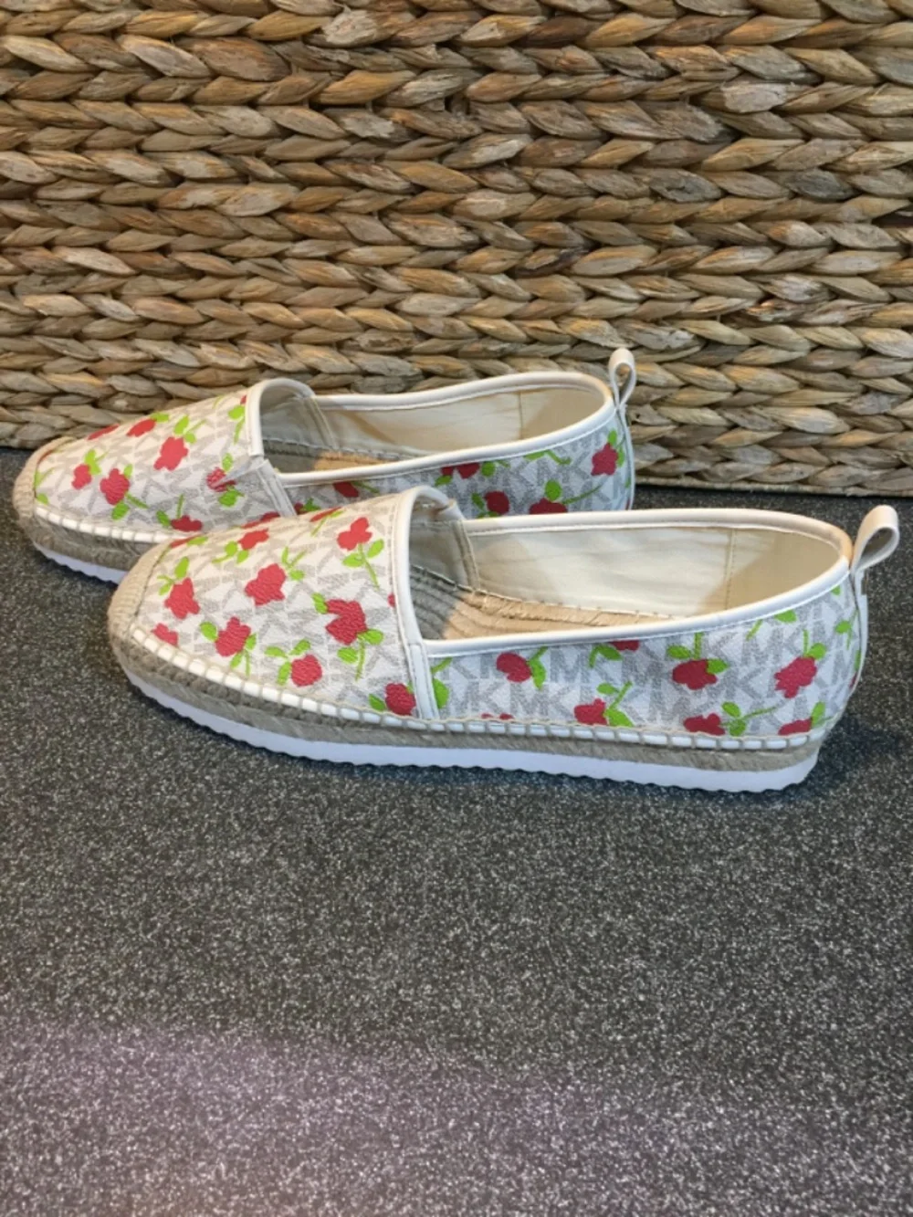 Michael Kors White Signature Espadrille Flats with Pink Floral Print